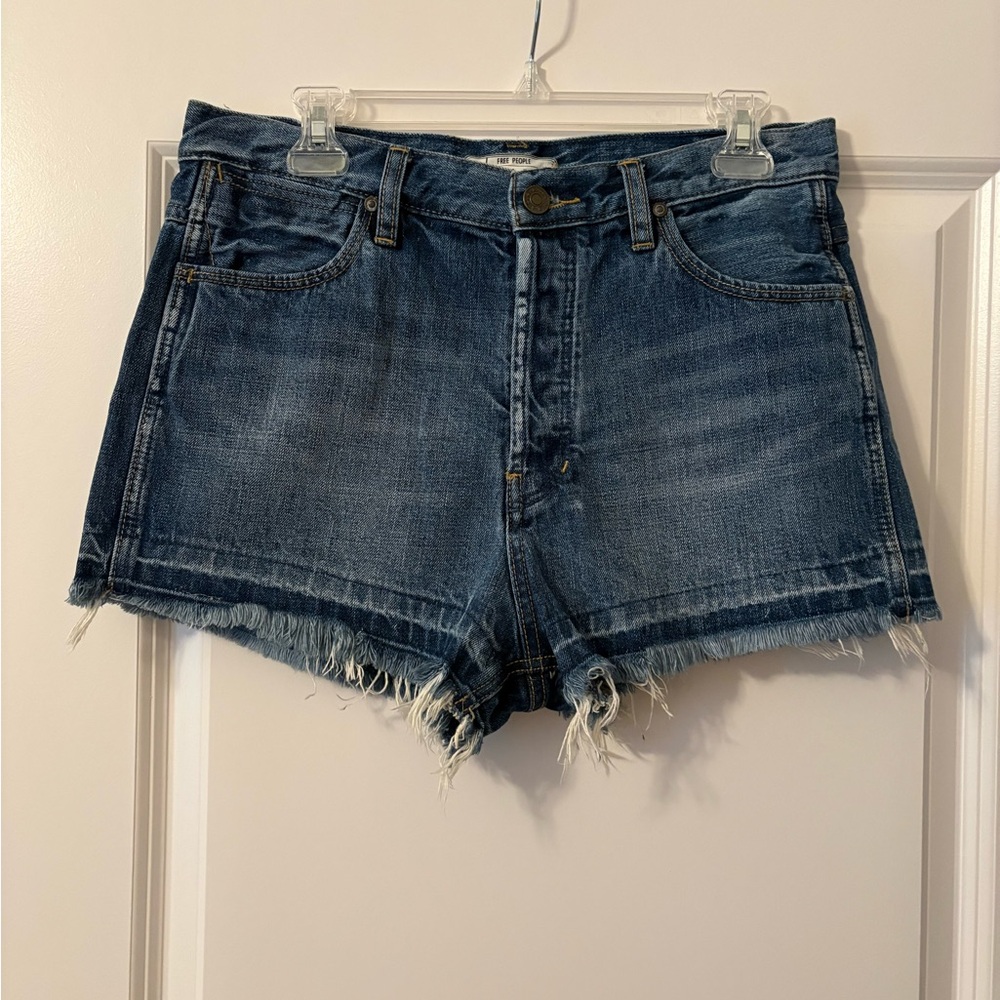 Free People Dark Blue High-Rise Frayed Hem Denim Shorts